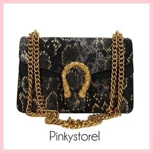 Designer-Inspired Black & Gold Snake Print Shoulder Bag